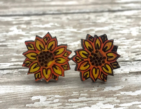 Sunflower Wood Stud Earrings
