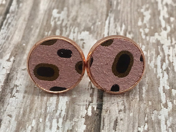Retro Pink and Gold Genuine Leather Stud Earrings