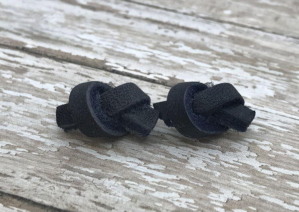 Navy Genuine Leather Knot Stud Earrings