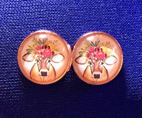 Floral Cow Glass Stud Earrings