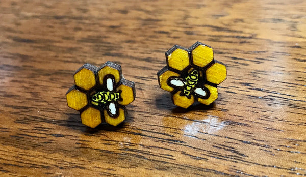 Bee and honeycomb Wood Stud Earrings