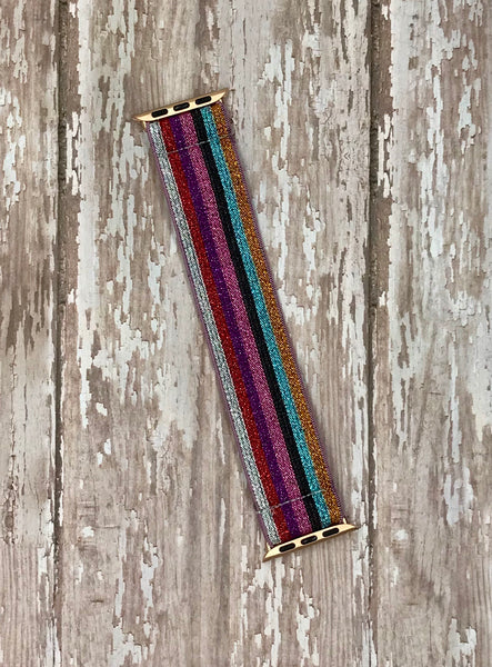 Silver, Pink, Teal Rainbow Multi Color Stripe Shimmer Elastic Watchband